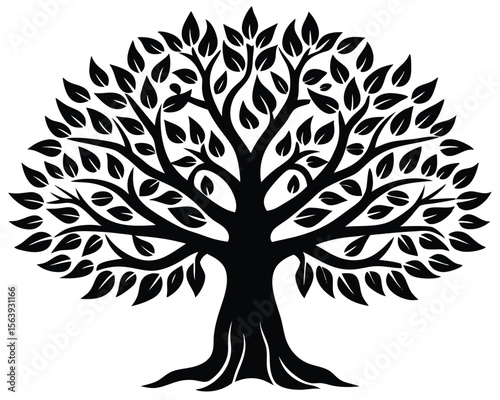 Stylized black and white tree vector depicting growth resilience and nature on white background.