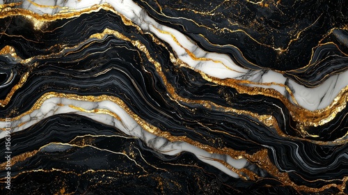Golden Vein Marble Abstract Black, White and Gold Texture, Elegant, Design