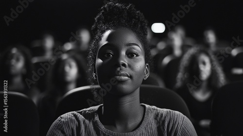 Woman at Movie Theater, Monochrome Portrait, Entertainment Use