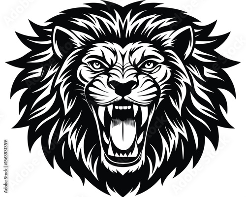 Powerful black and white lion head illustration with detailed fur and intimidating expression roaring loudly.