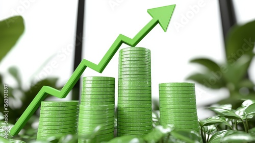 Green Finance Growth Coin Stacks with Rising Arrow and Foliage, Sustainable Investment , Eco Wealth