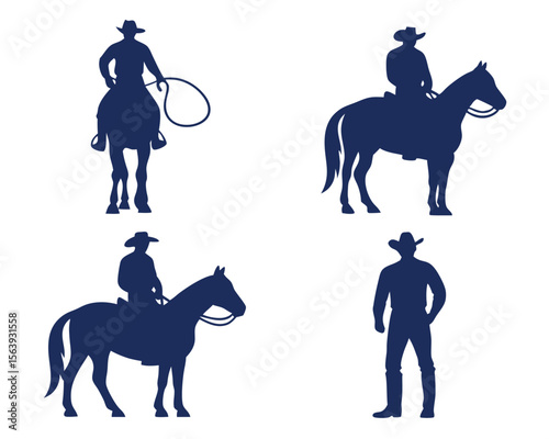 Silhouette illustration of cowboys on horseback and one standing cowboy representing the wild west. cowboy, silhouettes, horseback.