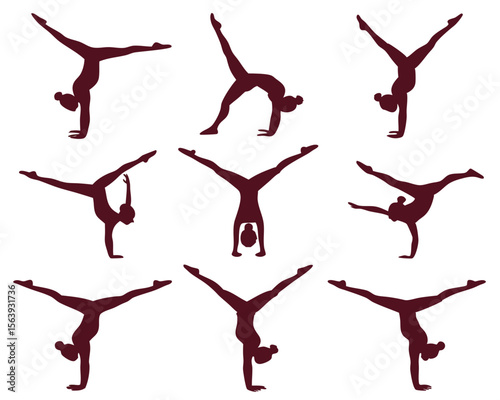 Artistic illustration depicting a silhouetted woman performing handstands in various graceful poses.