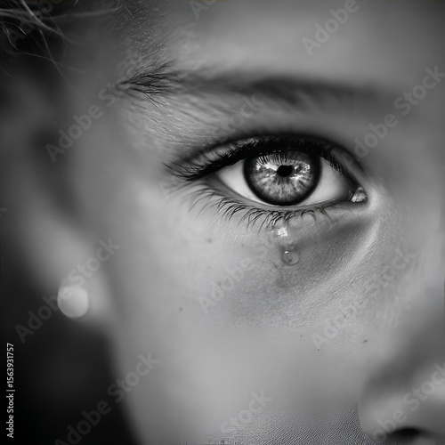Professional photo of adorable child's eyes full of tears. One big tear on the cheek. Fine art style