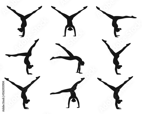 Black silhouettes of a gymnast performing a variety of handstand poses on a clean white background.