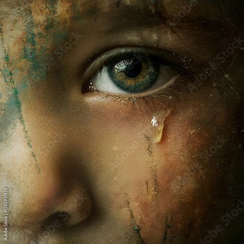 Professional photo of adorable child's eyes full of tears. One big tear on the cheek. Fine art style