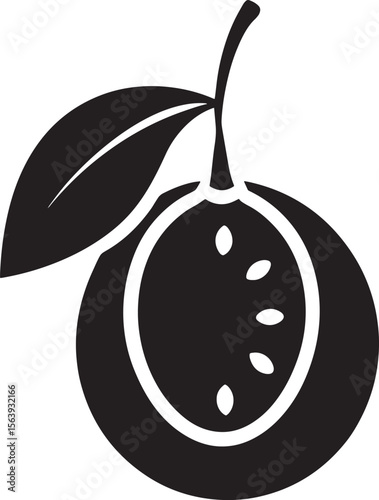 black silhouette of a passion fruit with leaf isolated on white background