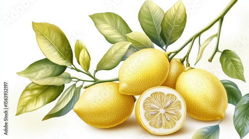Lemon Branch Still Life Watercolor Painting of Lemons and Leaves, Citrus Fruit , Botanical art