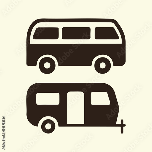 Van, Camper Van, Trailer, RV Outdoor travel vehicles icon Set, vector illustration.