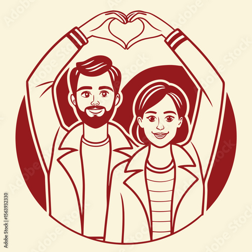 Romantic illustration of a loving couple forming a heart symbol with arms symbolizing their love.