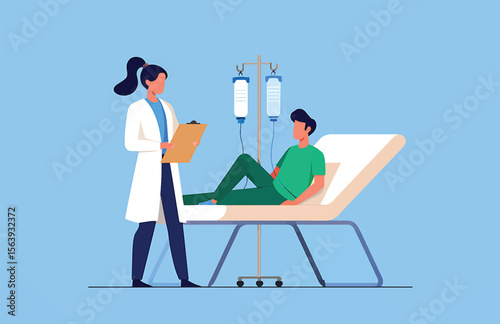 Doctor Examining Patient Receiving IV Drip Treatment