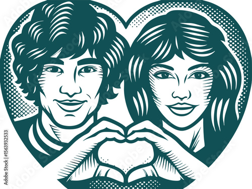 Romantic couple inside a heart shape portrait showing affection and making hand heart gesture.