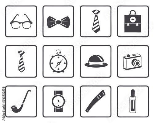 Simple black and white illustrations of stylish and classic fashion accessories and everyday objects.