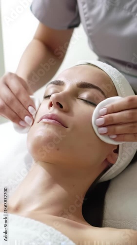 a beautiful young caucasian woman with closed eyes on a white spa bed. impeccably manicured hands gently glide cotton pads on her face in an ultra-clean, high-end luxury spa with soft bokeh. bright,