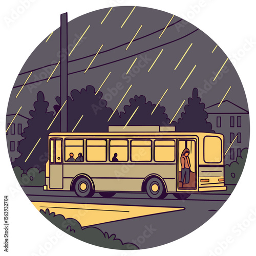 A lone passenger stands at the open door of a yellow bus stopped on a street during a heavy rainstorm at night