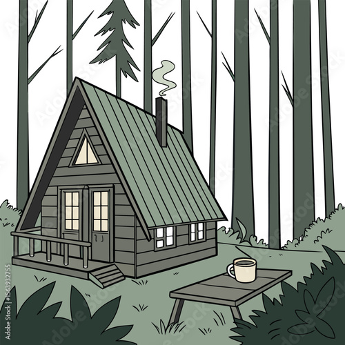 Cozy a frame cabin nestled in a dense forest with smoke gently rising from the chimney and a cup of coffee on a nearby table