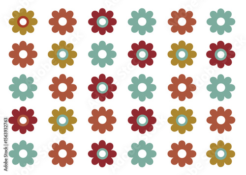 Seamless floral pattern featuring colorful retro flowers arranged in a repeating layout on a white background.