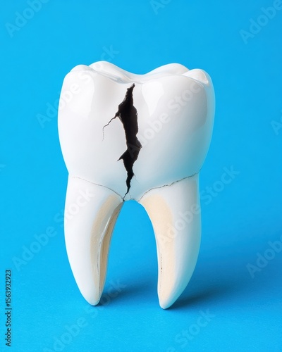 A close-up of a white tooth model with a large vertical crack against a blue background.