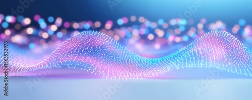 A glowing, digital wave composed of vibrant purple and blue particles against a blurred light background, symbolizing data flow and futuristic technology.