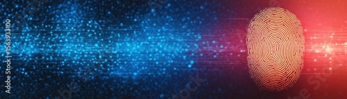 A digital fingerprint scan with blue and red light effects symbolizes cybersecurity and identity verification in technology.
