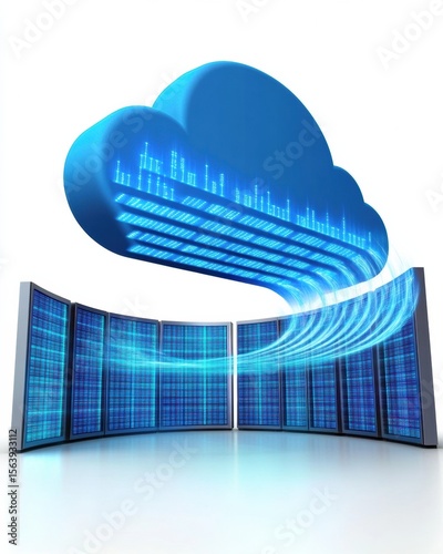 Illustration of cloud computing showing data transfer between servers and a large digital cloud symbol.