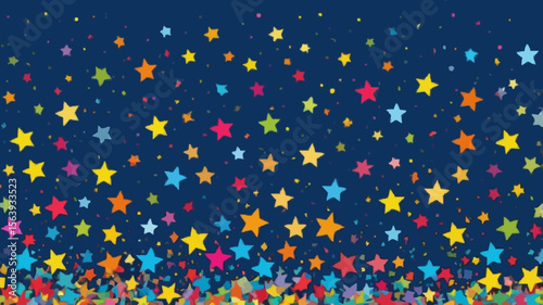 Festive confetti. Celebration stars. Rainbow bright stars on blue sky background. Curious festive overlay template. Alluring vector illustration.

