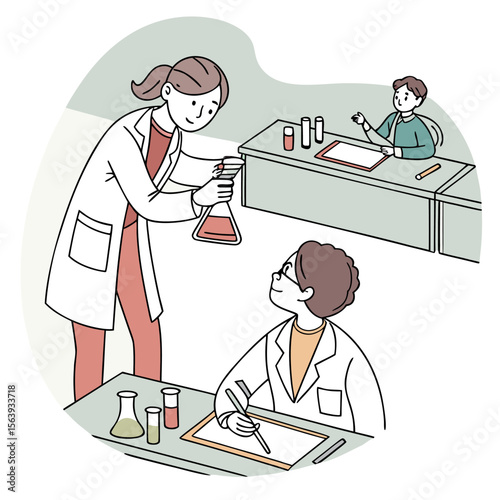 A friendly female scientist demonstrates a chemical experiment with a flask to attentive young students in a bright and modern laboratory classroom setting