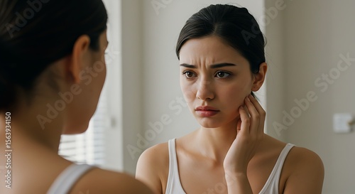 Worried woman inspecting her face in the mirror, unhappy with her skin condition and first signs of aging. Concept for skincare, dermatology, beauty standards, and mental health.