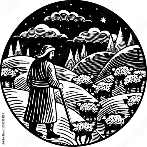Shepherd with Flock in Rolling Hills