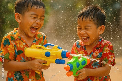 Two ecstatic boys armed with water guns joyfully participate in a Songkran water fight, showcasing the pure fun of the festival. Concept of: Playful tradition.