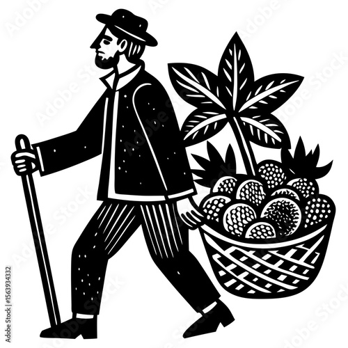 Farmer Carrying Basket of Fruit