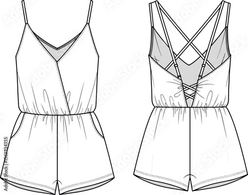 Romper sketch, wrap-style bodice design, V-neckline fashion illustration, crisscross back straps, elastic waist layout, front and back views, stylish garment drawing