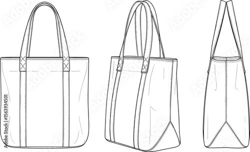 Tote bag sketch, fashion accessory illustration, structured design layout, front, side, three-quarter views, dual handles, minimalist style, garment drawing, stylish product artwork