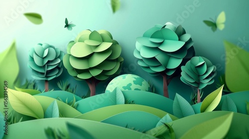 Paper-Cut Style Green Landscape Trees, Butterflies and Rolling Hills, Nature, Environment