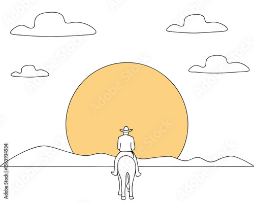 Silhouette of a cowboy riding horse towards setting sun in western landscape.