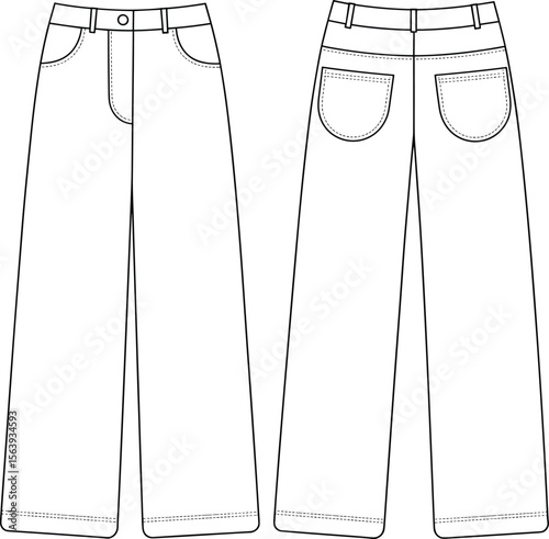 Women's High Waisted Straight Leg Jeans Template: Classic Denim Trousers Front and Back View for Fashion Design, Apparel Mockups, and Technical Drawings.