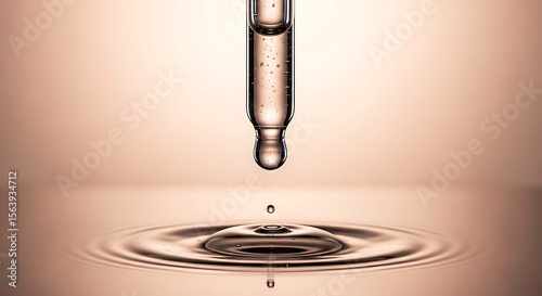 Cosmetic pipette with a drop of liquid serum or hyaluronic acid falling, creating ripples on the surface. Luxury skincare product macro shot on a soft beige background for beauty and science concepts.