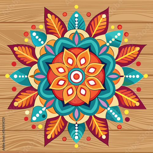 Traditional Bengali Alpona on Wooden Background (Top View)