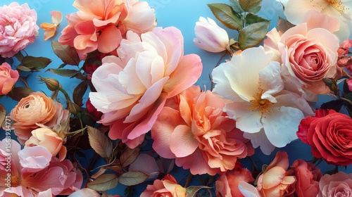 Pastel Roses on Blue, Floral , Bloom