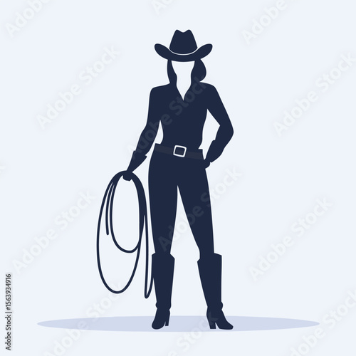 Stylish silhouette of a confident cowgirl wearing a hat holding a lasso ready for action on a light background.