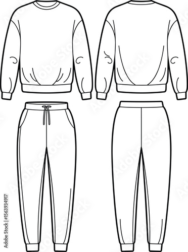 Women's Comfortable Casual Sweatshirt and Jogger Pants Outfit Set Flat Lay Template for Fashion Design, Athleisure Wear, and Apparel Mockups.