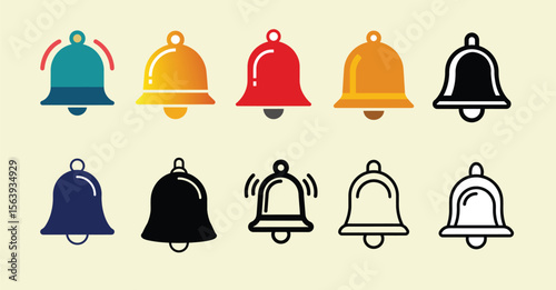 Collection of Colorful Bell Icons Notification, Alert, Reminder Symbols for Web and App Design.  Various Styles Included Outline, Filled, and Gradient Bells.