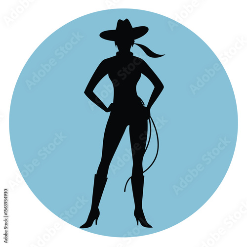 Silhouette of a cowgirl posing with a lasso inside a blue circle represents western themes and power.