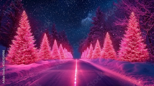 Pink Christmas Trees Road at Night, Winter ,Holiday