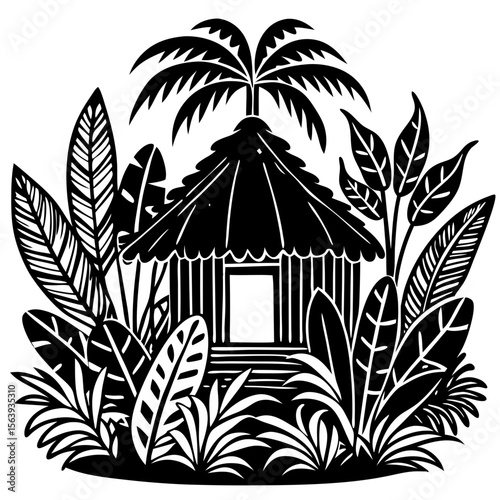 Tropical Hut Surrounded by Jungle Vegetation
