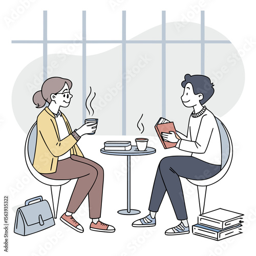 Two people enjoying coffee and reading books together at a cafe with a large window and a briefcase nearby symbolizing work or study