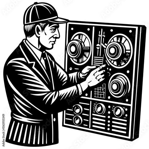 Vintage Technician Adjusting Radio Panel
