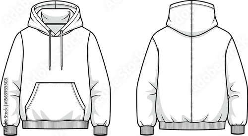 Hoodie sketch, fashion garment illustration, front zipper design, drawstring hood layout, ribbed cuffs and hem, front and back views, stylish apparel concept artwork