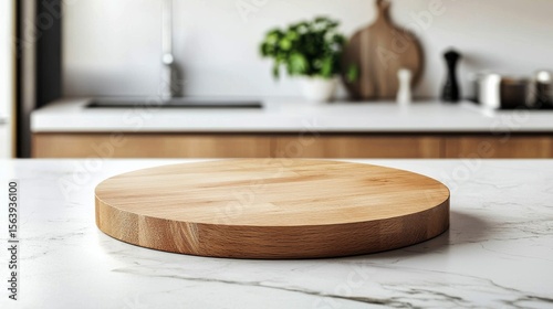 Round Wooden Board on Marble Countertop in Modern Kitchen, Minimalism , Decor