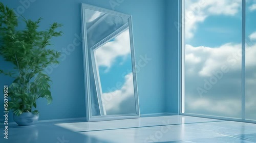 Mirror in White Room Reflecting Soft Clouds – Minimalist Concept Scene